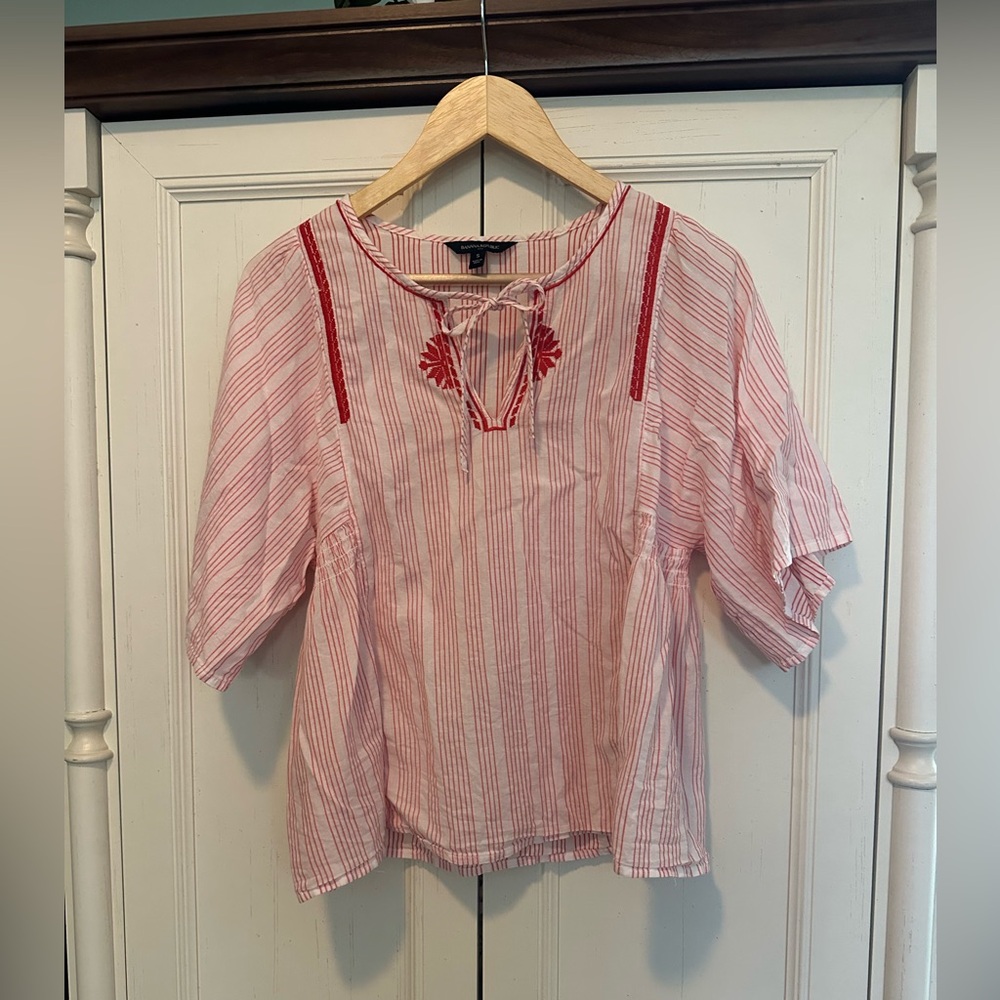 Banana Republic Pink Striped Embroidered Peasant Blouse Small up to M